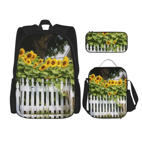 OUSIKA 3-teiliges Rucksack-Set mit Sonnenblumen-Motiv, weißer Lattenzaun, lässiger Tagesrucksack mit Lunchbox, Federmäppchen für Damen und Herren, Schwarz , Einheitsgröße, Rucksack, Rucksäcke von OUSIKA