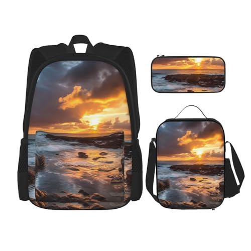 OUSIKA 3-teiliges Rucksack-Set mit Sonnenuntergang, Wolken, Küste, Hawaii-Druck, lässiger Tagesrucksack mit Lunchbox, Federmäppchen für Damen und Herren, Schwarz , Einheitsgröße von OUSIKA