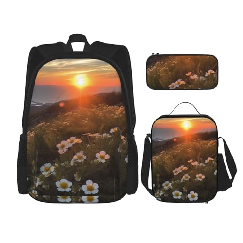 OUSIKA 3-teiliges Rucksack-Set mit Sonnenuntergang und Blumendruck, lässiger Tagesrucksack mit Lunchbox, Federmäppchen für Damen und Herren, Schwarz , Einheitsgröße, Rucksack Backpacks von OUSIKA