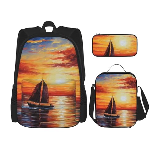OUSIKA 3-teiliges Rucksack-Set mit Sonnenuntergang und Segelboot, lässiger Tagesrucksack mit Lunchbox, Federmäppchen für Damen und Herren, Schwarz , Einheitsgröße von OUSIKA