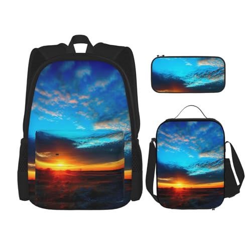 OUSIKA 3-teiliges Rucksack-Set mit Sonnenuntergang und blauem Himmel, lässiger Tagesrucksack mit Lunchbox, Federmäppchen für Damen und Herren, Schwarz , Einheitsgröße, Rucksack, Rucksäcke von OUSIKA