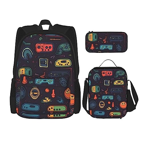 OUSIKA 3-teiliges Rucksack-Set mit Spiel-Video-Gaming-Druck, lässiger Tagesrucksack mit Lunchbox, Federmäppchen für Damen und Herren, Schwarz , Einheitsgröße, Rucksack, Rucksäcke von OUSIKA