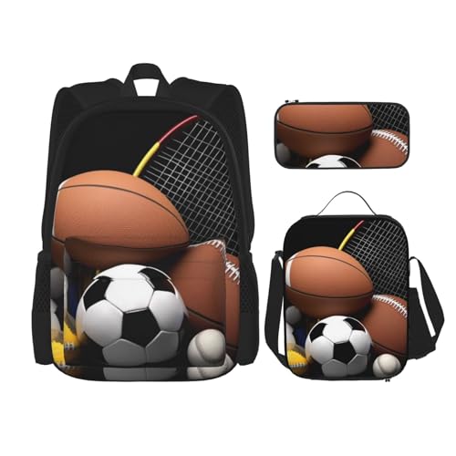 OUSIKA 3-teiliges Rucksack-Set mit Sportmotiven, lässiger Tagesrucksack mit Lunchbox, Federmäppchen für Damen und Herren, Schwarz , Einheitsgröße, Rucksack, Rucksäcke von OUSIKA