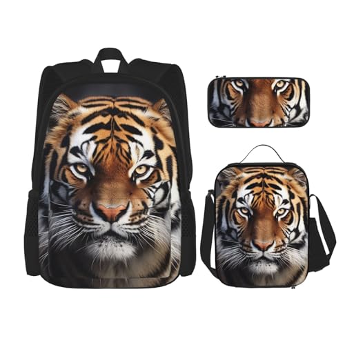 OUSIKA 3-teiliges Rucksack-Set mit Tigerdruck, lässiger Tagesrucksack mit Lunchbox, Federmäppchen für Damen und Herren, Schwarz , Einheitsgröße, Rucksack, Rucksäcke von OUSIKA