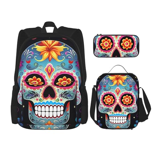 OUSIKA 3-teiliges Rucksack-Set mit Totenkopf-Motiv, lässiger Tagesrucksack mit Lunchbox, Federmäppchen für Damen und Herren, Schwarz , Einheitsgröße, Rucksack, Rucksäcke von OUSIKA