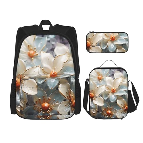 OUSIKA 3-teiliges Rucksack-Set mit abstraktem Blumen-Kunstdruck, lässiger Tagesrucksack mit Lunchbox, Federmäppchen für Damen und Herren, Schwarz , Einheitsgröße, Rucksack, Rucksäcke von OUSIKA