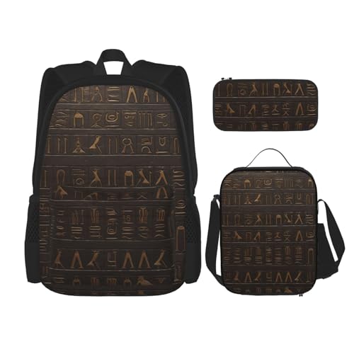 OUSIKA 3-teiliges Rucksack-Set mit altägyptischem Hieroglyphen-Druck, lässiger Tagesrucksack mit Lunchbox, Federmäppchen für Damen und Herren, Schwarz , Einheitsgröße, Rucksack, Rucksäcke von OUSIKA