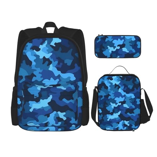 OUSIKA 3-teiliges Rucksack-Set mit blauem Camouflage-Druck, lässiger Tagesrucksack mit Lunchbox, Federmäppchen für Damen und Herren, Schwarz , Einheitsgröße, Rucksack, Rucksäcke von OUSIKA
