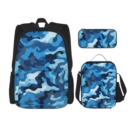 OUSIKA 3-teiliges Rucksack-Set mit blauem Camouflage-Muster, lässiger Tagesrucksack mit Lunchbox, Federmäppchen für Damen und Herren, Schwarz , Einheitsgröße, Rucksack, Rucksäcke von OUSIKA