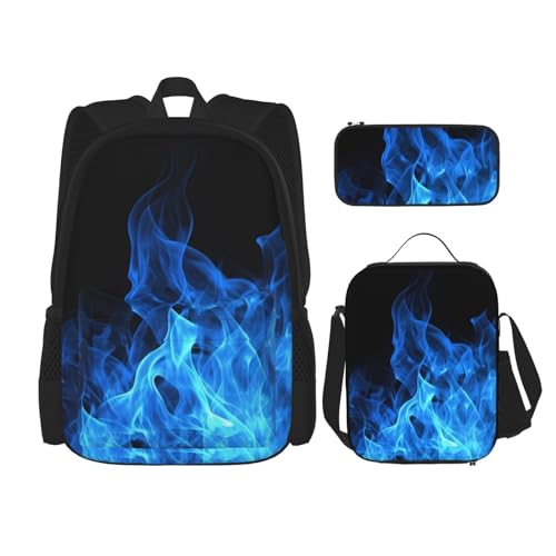 OUSIKA 3-teiliges Rucksack-Set mit blauer Flamme, lässiger Tagesrucksack mit Lunchbox, Federmäppchen für Damen und Herren, Schwarz , Einheitsgröße, Rucksack, Rucksäcke von OUSIKA