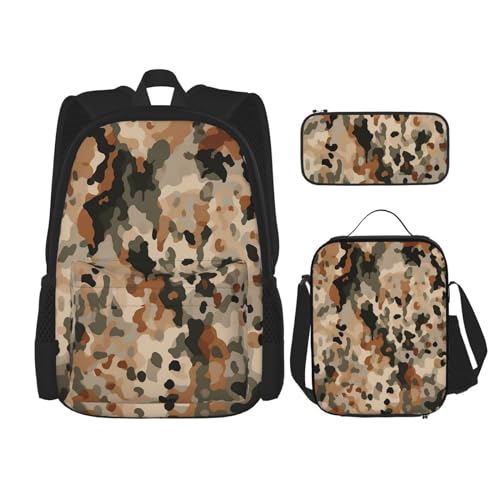 OUSIKA 3-teiliges Rucksack-Set mit braunem und Leopardenmuster, Camouflage-Druck, lässiger Tagesrucksack mit Lunchbox, Federmäppchen für Damen und Herren, Schwarz , Einheitsgröße, Rucksack, Rucksäcke von OUSIKA