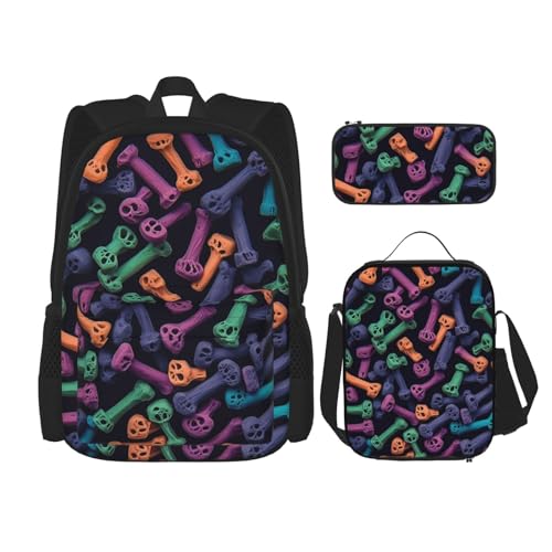 OUSIKA 3-teiliges Rucksack-Set mit buntem Knochen-Druck, lässiger Tagesrucksack mit Lunchbox, Federmäppchen für Damen und Herren, Schwarz , Einheitsgröße, Rucksack, Rucksäcke von OUSIKA