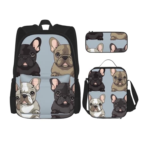 OUSIKA 3-teiliges Rucksack-Set mit französischer Bulldogge, lässiger Tagesrucksack mit Lunchbox, Federmäppchen für Damen und Herren, Schwarz , Einheitsgröße, Rucksack, Rucksäcke von OUSIKA