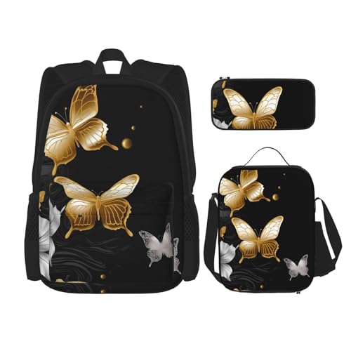 OUSIKA 3-teiliges Rucksack-Set mit goldfarbenen, weißen Schmetterlingen, schwarzem Druck, lässiger Tagesrucksack mit Lunchbox, Federmäppchen für Damen und Herren, Schwarz , Einheitsgröße, Rucksack, von OUSIKA