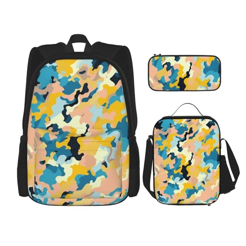 OUSIKA 3-teiliges Rucksack-Set mit hellen Farben und gelbem Camouflage-Druck, lässiger Tagesrucksack mit Lunchbox, Federmäppchen für Damen und Herren, Schwarz , Einheitsgröße, Rucksack, Rucksäcke von OUSIKA