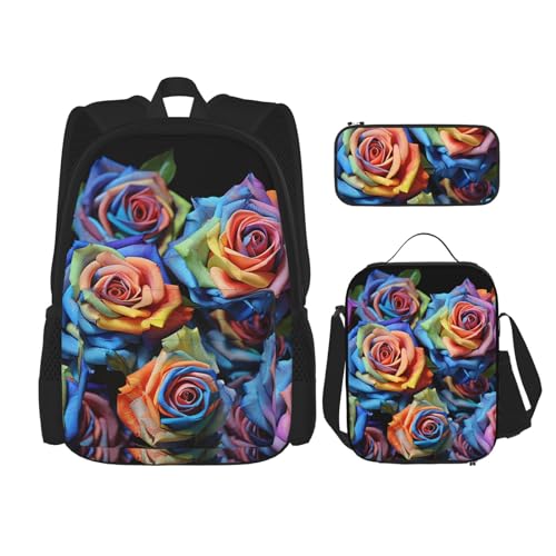 OUSIKA 3-teiliges Rucksack-Set mit mehrfarbigen Rosen auf schwarzem Hintergrund, lässiger Tagesrucksack mit Lunchbox, Federmäppchen für Damen und Herren, Schwarz , Einheitsgröße, Rucksack, Rucksäcke von OUSIKA