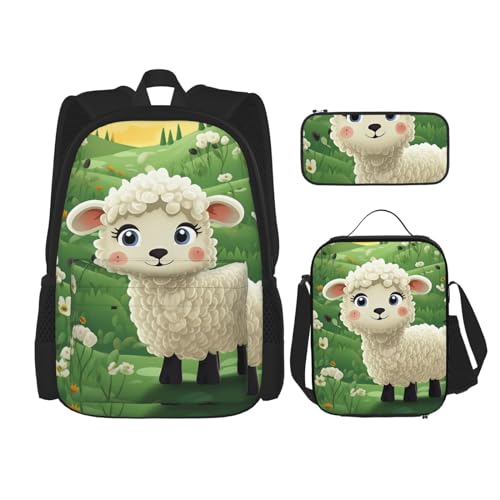 OUSIKA 3-teiliges Rucksack-Set mit niedlichem Cartoon-Schaf-Druck, lässiger Tagesrucksack mit Lunchbox, Federmäppchen für Damen und Herren, Schwarz , Einheitsgröße, Rucksack Backpacks von OUSIKA