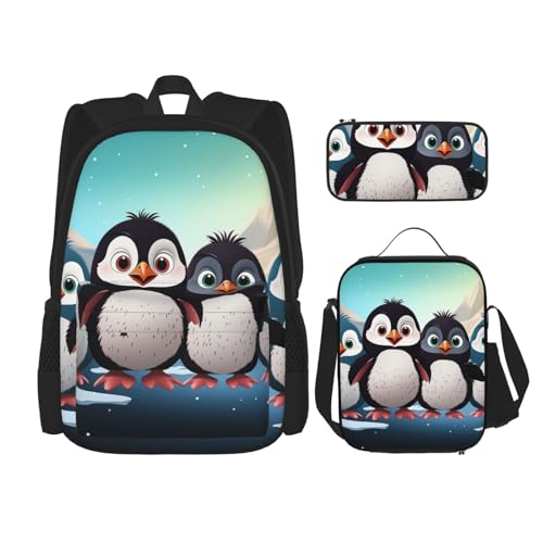 OUSIKA 3-teiliges Rucksack-Set mit niedlichem Pinguin-Druck, lässiger Tagesrucksack mit Lunchbox, Federmäppchen für Damen und Herren, Schwarz , Einheitsgröße, Rucksack, Rucksäcke von OUSIKA