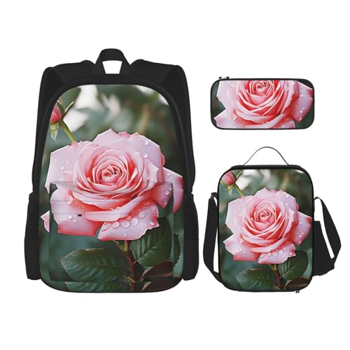 OUSIKA 3-teiliges Rucksack-Set mit rosa Rosenmuster, lässiger Tagesrucksack mit Lunchbox, Federmäppchen für Damen und Herren, Schwarz , Einheitsgröße, Rucksack, Rucksäcke von OUSIKA