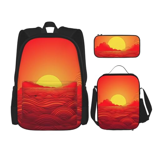 OUSIKA 3-teiliges Rucksack-Set mit rotem Sonnenaufgang-Druck, lässiger Tagesrucksack mit Lunchbox, Federmäppchen für Damen und Herren, Schwarz , Einheitsgröße, Rucksack, Rucksäcke von OUSIKA