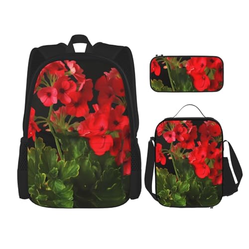 OUSIKA 3-teiliges Rucksack-Set mit roten Geranien, lässiger Tagesrucksack mit Lunchbox, Federmäppchen für Damen und Herren, Schwarz , Einheitsgröße, Rucksack, Rucksäcke von OUSIKA