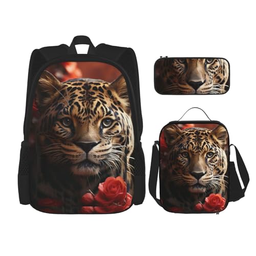 OUSIKA 3-teiliges Rucksack-Set mit roter Rose und Tiger-Druck, lässiger Tagesrucksack mit Lunchbox, Federmäppchen für Damen und Herren, Schwarz , Einheitsgröße, Rucksack, Rucksäcke von OUSIKA