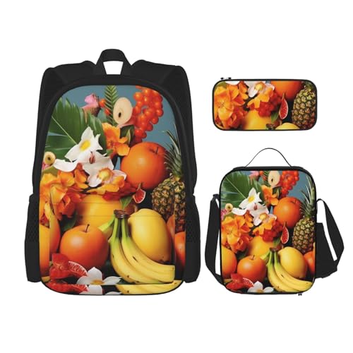 OUSIKA 3-teiliges Rucksack-Set mit tropischen Früchten und Blumen, lässiger Tagesrucksack mit Lunchbox, Federmäppchen für Damen und Herren, Schwarz , Einheitsgröße, Rucksack, Rucksäcke von OUSIKA