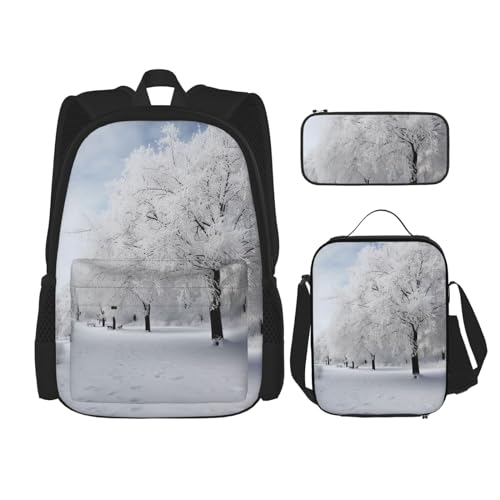 OUSIKA 3-teiliges Rucksack-Set mit weißem Schneebaum-Druck, lässiger Tagesrucksack mit Lunchbox, Federmäppchen für Damen und Herren, Schwarz , Einheitsgröße, Rucksack Backpacks von OUSIKA