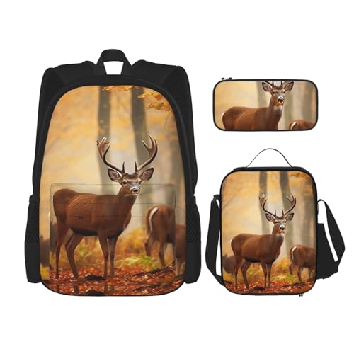 OUSIKA 3-teiliges Rucksack-Set mit weißem Schwanz, Hirsch im Herbst, lässiger Tagesrucksack mit Lunchbox, Federmäppchen für Damen und Herren, Schwarz , Einheitsgröße von OUSIKA