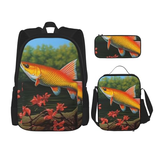 OUSIKA 3-teiliges Safflo-Rucksack-Set mit fliegenden Fischen, lässiger Tagesrucksack mit Lunchbox, Federmäppchen für Damen und Herren, Schwarz , Einheitsgröße, Rucksack, Rucksäcke von OUSIKA