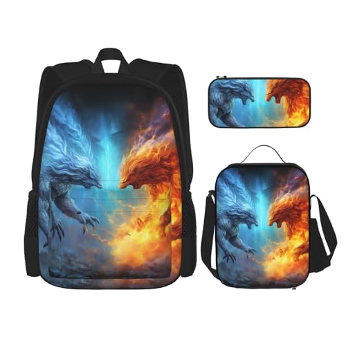 OUSIKA 3-teiliges Set mit Fire VS Ice Kunstdruck-Rucksack-Set, lässiger Tagesrucksack mit Lunchbox, Federmäppchen für Damen und Herren, Schwarz , Einheitsgröße, Rucksack, Rucksäcke von OUSIKA