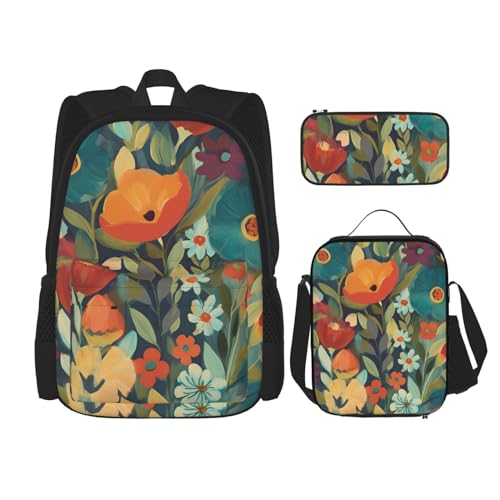 OUSIKA 3-teiliges Sommerrucksack-Set mit Blumendruck, lässiger Tagesrucksack mit Lunchbox, Federmäppchen für Damen und Herren, Schwarz , Einheitsgröße, Rucksack, Rucksäcke von OUSIKA