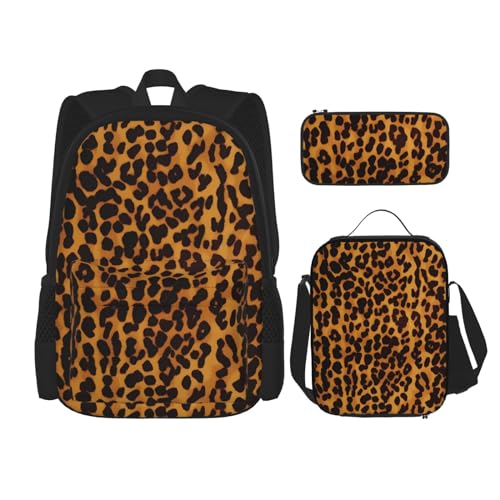 OUSIKA 3-teiliges cooles Rucksack-Set mit Geparden-Leopardenmuster, lässiger Tagesrucksack mit Lunchbox, Federmäppchen für Damen und Herren, Schwarz , Einheitsgröße, Rucksack, Rucksäcke von OUSIKA