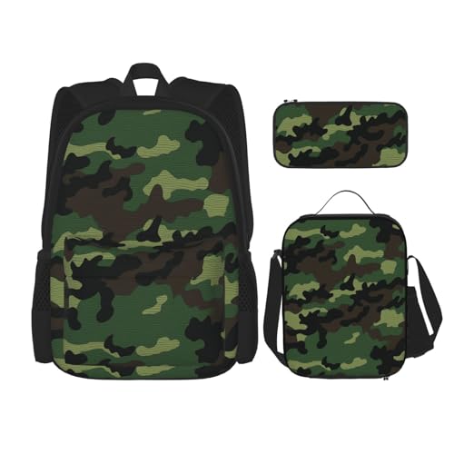 OUSIKA 3-teiliges grünes Militär-Camouflage-Rucksack-Set, lässiger Tagesrucksack mit Lunchbox, Federmäppchen für Damen und Herren, Schwarz , Einheitsgröße, Rucksack, Rucksäcke von OUSIKA