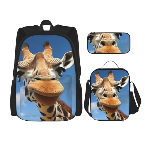 OUSIKA 3-teiliges lustiges Giraffen-Druck-Rucksack-Set, lässiger Tagesrucksack mit Lunchbox, Federmäppchen für Damen und Herren, Schwarz , Einheitsgröße, Rucksack, Rucksäcke von OUSIKA