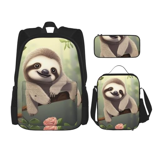 OUSIKA 3-teiliges süßes Baby-Faultier-Druck-Rucksack-Set, lässiger Tagesrucksack mit Lunchbox, Federmäppchen für Damen und Herren, Schwarz , Einheitsgröße, Rucksack, Rucksäcke von OUSIKA