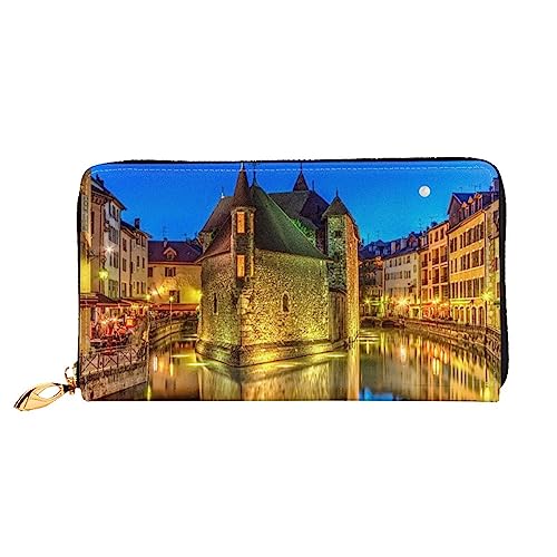 OUSIKA Canal in Annecy Old City Damen Geldbörse Leder Große Kapazität Reißverschluss Clutch Handtasche Münzbörse für Frauen, Schwarz , Einheitsgröße von OUSIKA