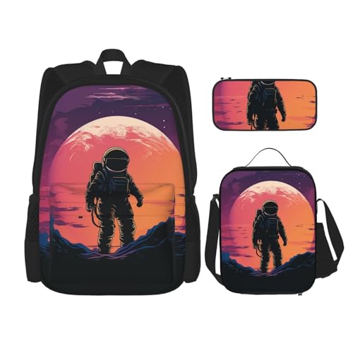 OUSIKA Cooler Astronauten-Rucksack, bedruckt, lässiger Tagesrucksack mit Lunchbox, Federmäppchen für Damen und Herren, 3-teilig, Schwarz , Einheitsgröße von OUSIKA