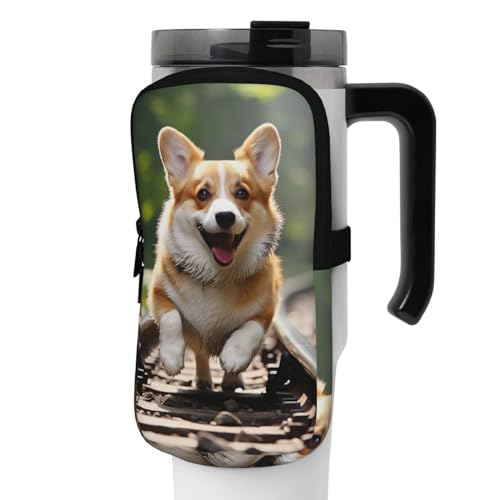 OUSIKA Corgi Dog Running on The Railroad Print Water Bottle Pouch Tumbler Pouch Bag Handheld Sports Drink Bottle Accessories Bag Zipper Pouch Belt Bag for Men Women, Schwarz , M von OUSIKA