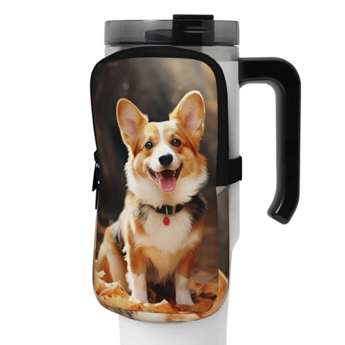 OUSIKA Corgi Wasserflaschen-Beutel mit Hunde-Aufdruck, Beutel, Beutel, Handheld-Sport-Trinkflasche, Zubehör, Tasche, Reißverschluss, Gürteltasche für Männer und Frauen, Schwarz , M von OUSIKA