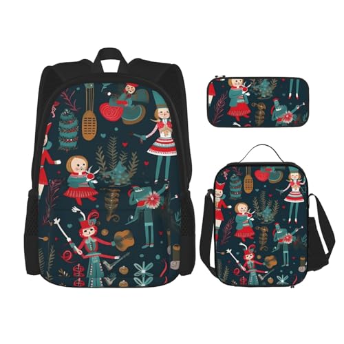 OUSIKA Damen Nussknacker Ballett Xmas Dance 3 Stück Druck Rucksack Sets Casual Daypack mit Lunchbox Federmäppchen für Damen Herren Schwarz Schwarz Einheitsgröße, Schwarz , Einheitsgröße von OUSIKA