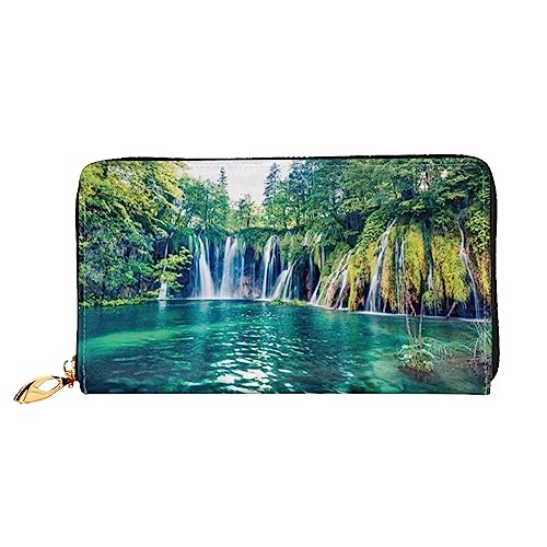 OUSIKA Dschungel Wasserfall Damen Geldbörse Leder Große Kapazität Reißverschluss Clutch Handtasche Münzbörse für Frauen, Schwarz , Einheitsgröße von OUSIKA