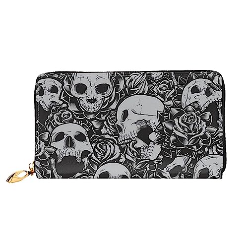 OUSIKA Dunkle Schädel Blumen Muster Damen Geldbörse Leder Große Kapazität Reißverschluss Clutch Handtasche Münzbörse für Frauen, Schwarz , Einheitsgröße von OUSIKA