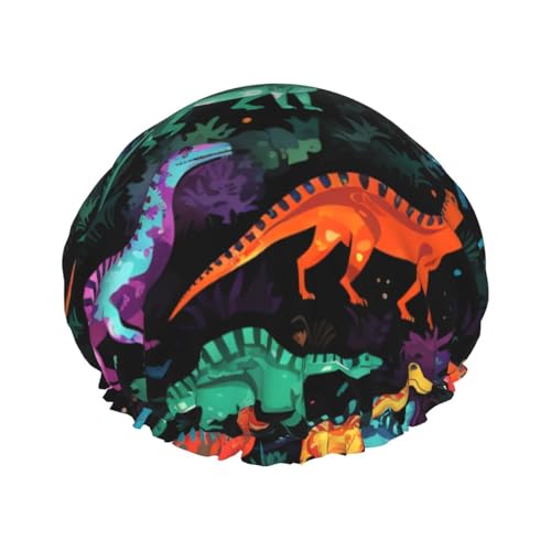 OUSIKA Duschhaube, wiederverwendbar, für Damen, langes Haar, doppellagig, wasserdicht, bunte Dinosaurier auf schwarzem Hintergrund, elastischer Duschhut, Haarschutz für Damen, Spa-Salon von OUSIKA