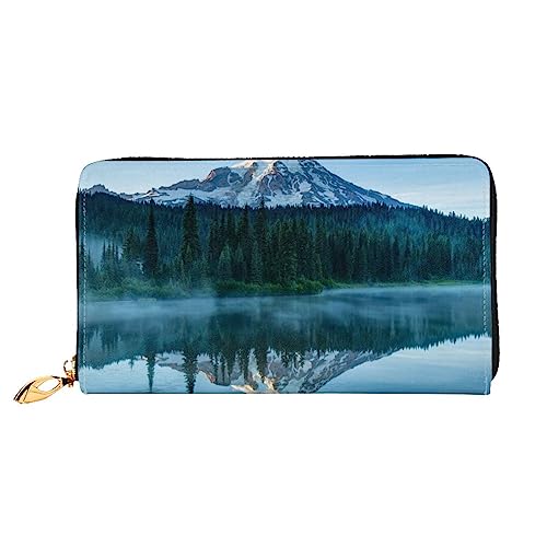 OUSIKA Foggy Lake by Mount Rainier Damen Geldbörse Leder Große Kapazität Reißverschluss Clutch Handtasche Münzbörse für Frauen, Schwarz , Einheitsgröße von OUSIKA