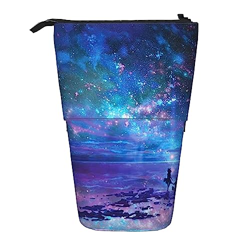 OUSIKA Galaxy And Moon Purple Pencil Case Standing Pen Box Telescopic Pencil Holder Pencil Bag Organizer Makeup Bag, Nordlichter, Einheitsgröße, Teleskop-Bleistifthalter von OUSIKA