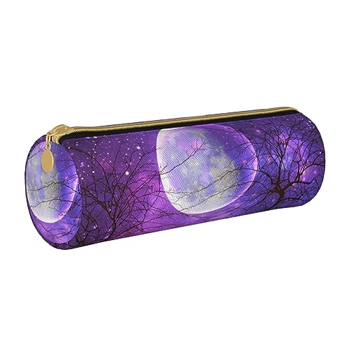 OUSIKA Galaxy und Mond Lila Runde Federmäppchen Wasserdicht Leder Stift Fall Make-up Tasche Reise Kulturbeutel Organizer Fall Für Männer Frauen, weiß, Einheitsgröße von OUSIKA