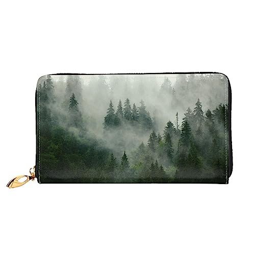 OUSIKA Green Tree Misty Landscape Damen Geldbörse Leder Große Kapazität Reißverschluss Clutch Handtasche Münzbörse für Frauen, Schwarz , Einheitsgröße von OUSIKA