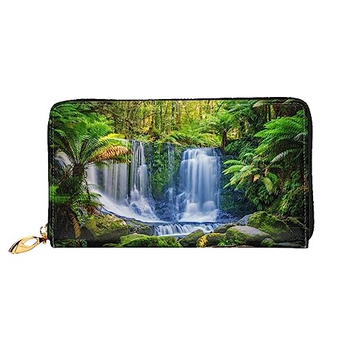 OUSIKA Grüne Pflanzen und Wasserfall Damen Geldbörse Leder Große Kapazität Reißverschluss Clutch Handtasche Münzbörse für Frauen, Schwarz , Einheitsgröße von OUSIKA