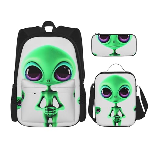 OUSIKA Grüner Alien-Rucksack, bedruckt, lässiger Tagesrucksack mit Lunchbox, Federmäppchen für Damen und Herren, Schwarz, Einheitsgröße, Schwarz , Einheitsgröße von OUSIKA